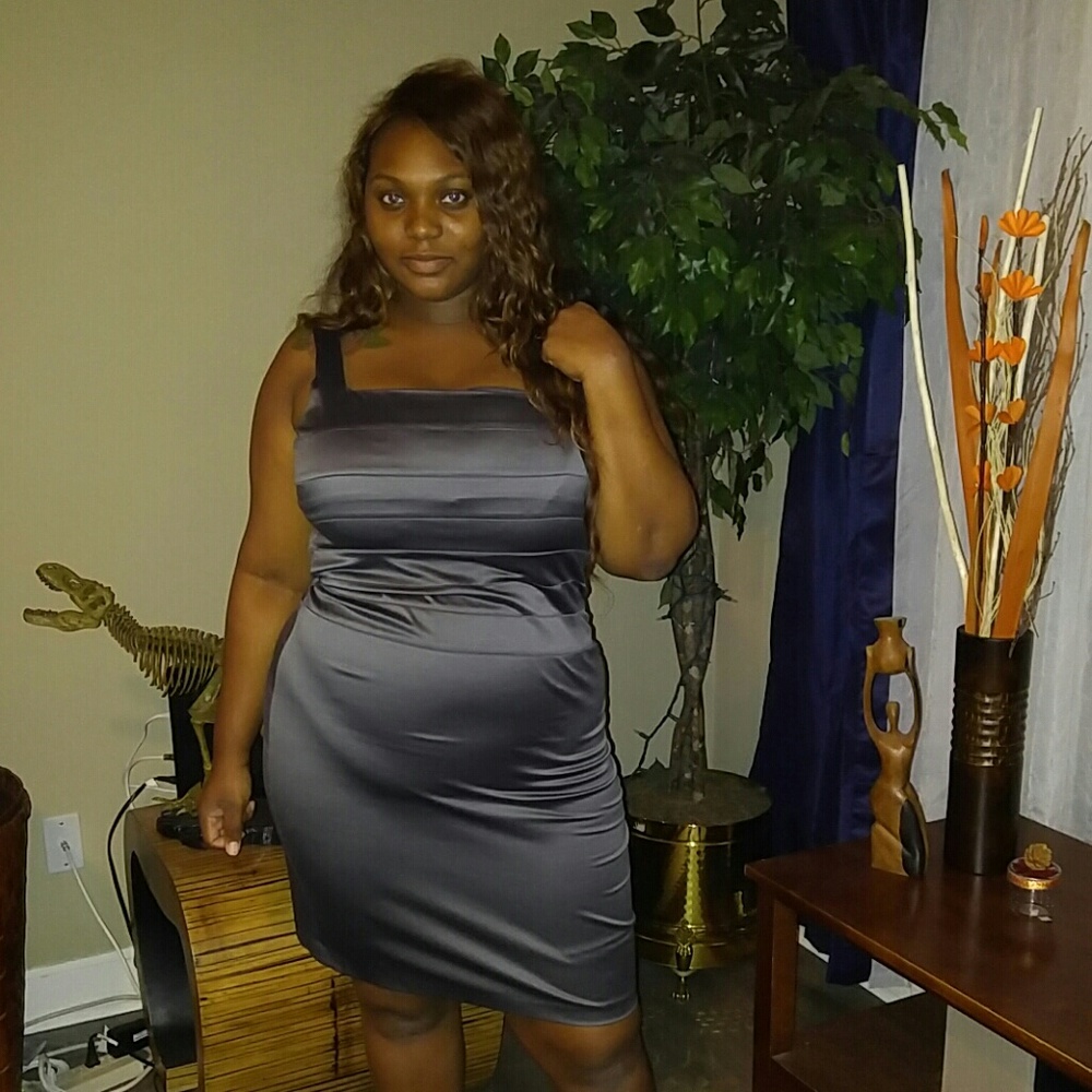 Bisou Bisou, gun metal gray party dress.